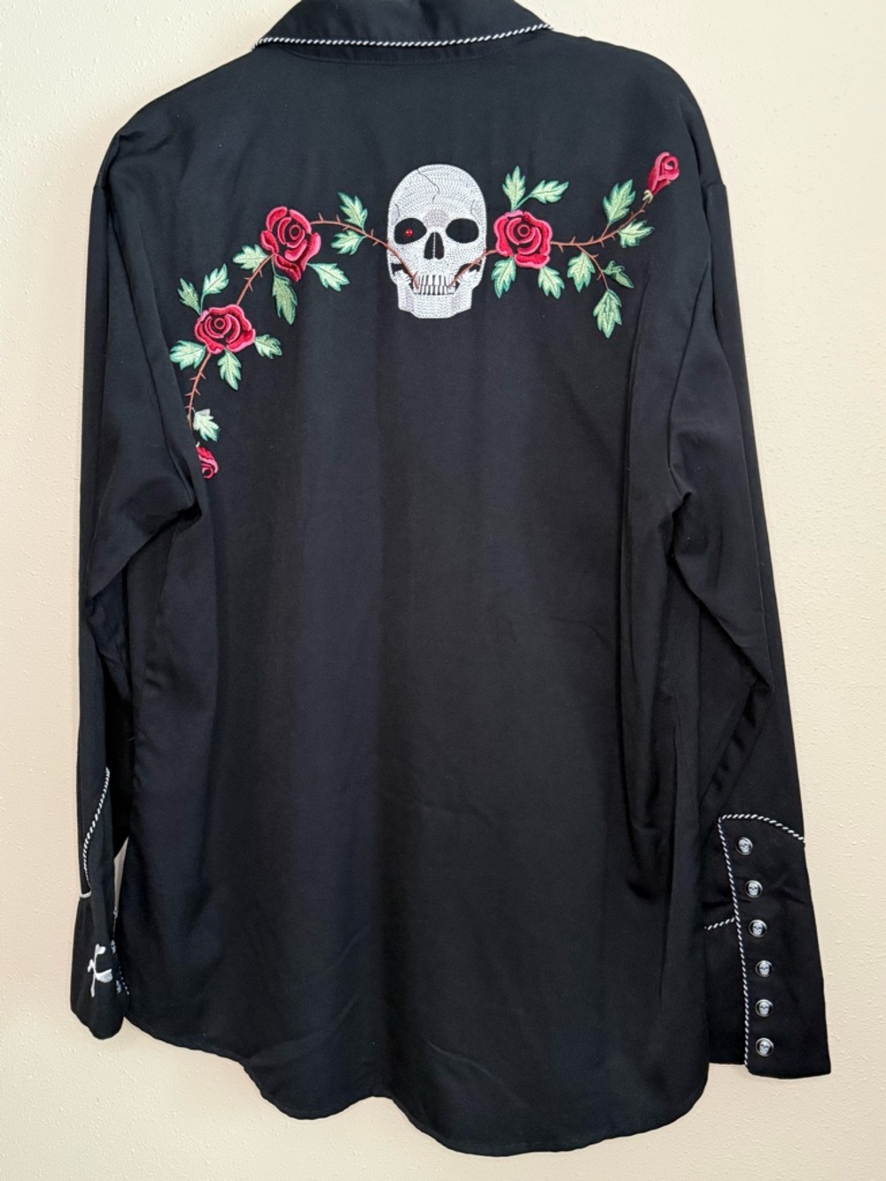 Scully Skull Embroidered Western Shirt Black Roses Oversized L - Picture 6 of 11